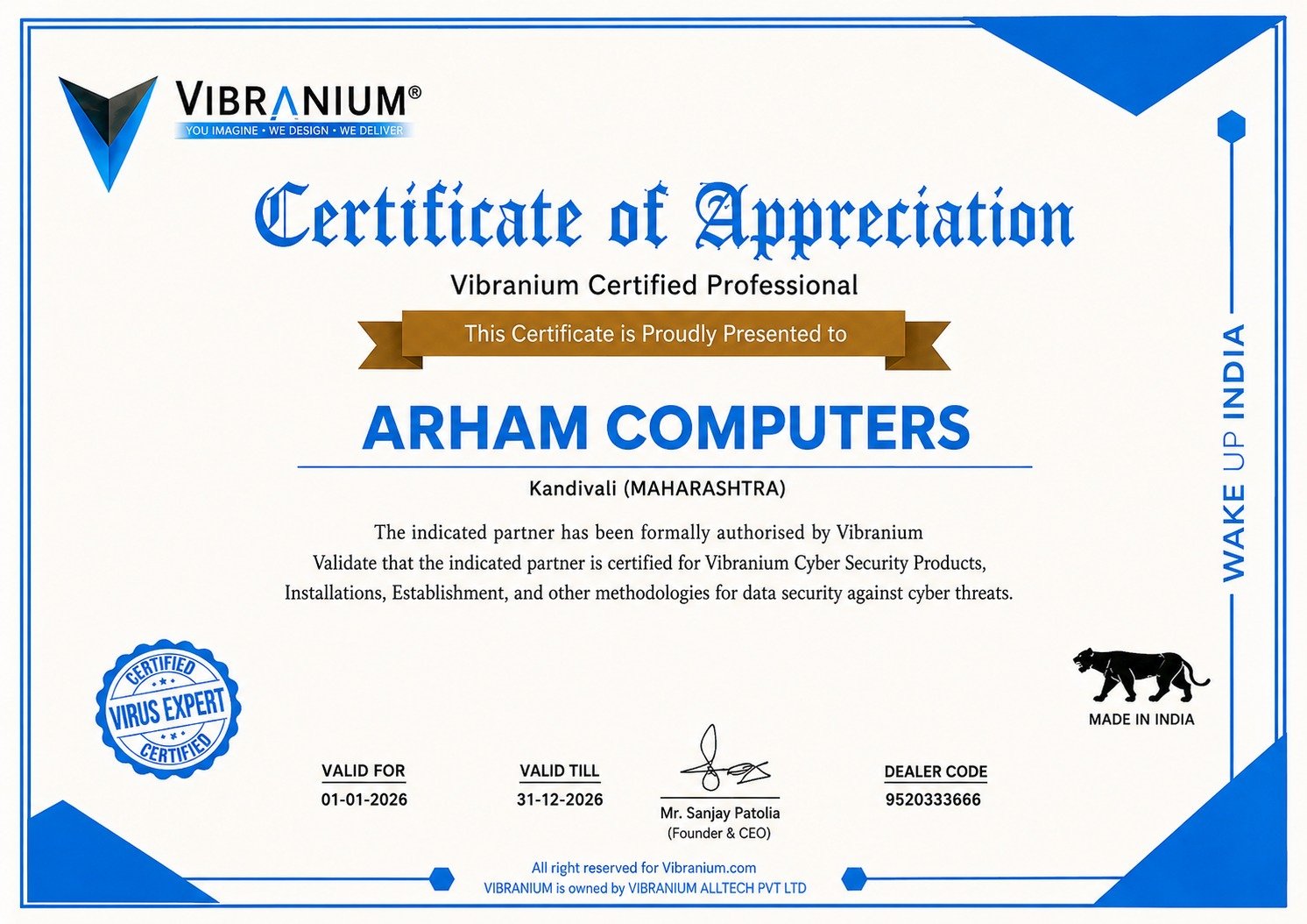 Arham Computers Vibranium Certified Professional Certificate